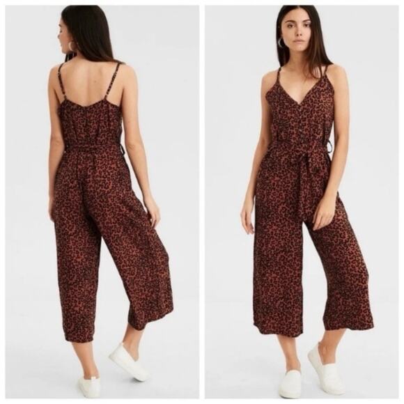 American Eagle Brown Leopard Print Wide Leg Cropped Jumpsuit Sz.M NWT - Picture 2 of 15